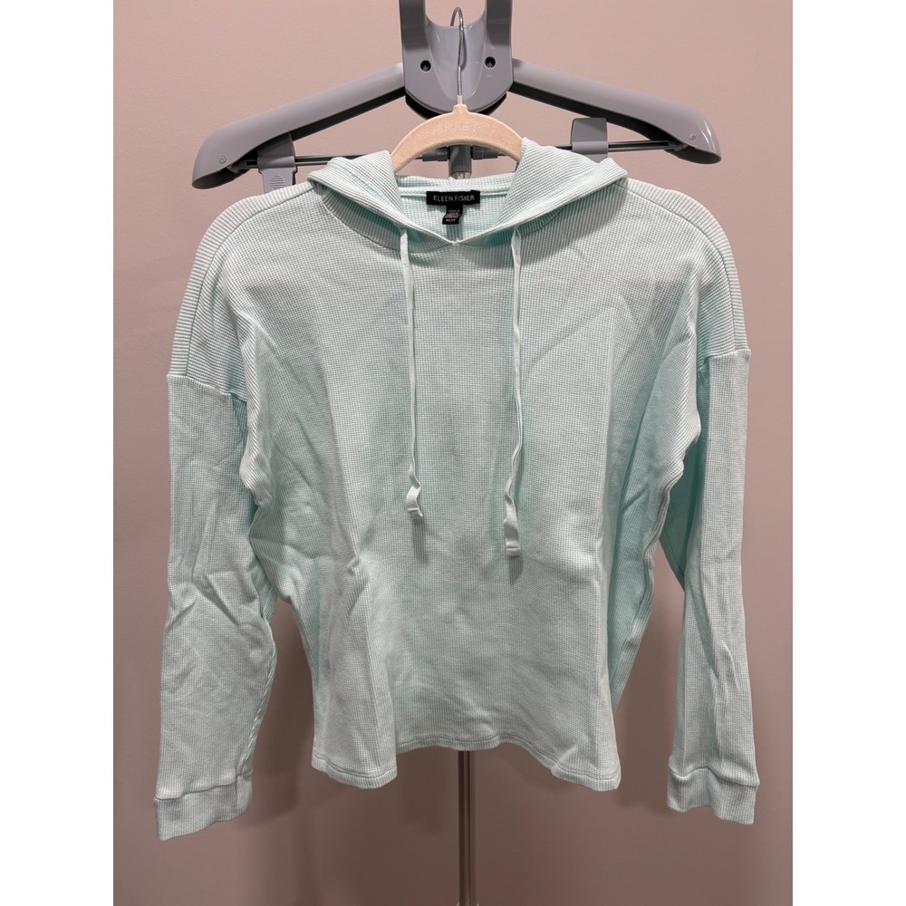 Eileen Fisher Cozy Waffle Knit Hooded Top Mint Green Blue Aqua Cotton Lyocell XS